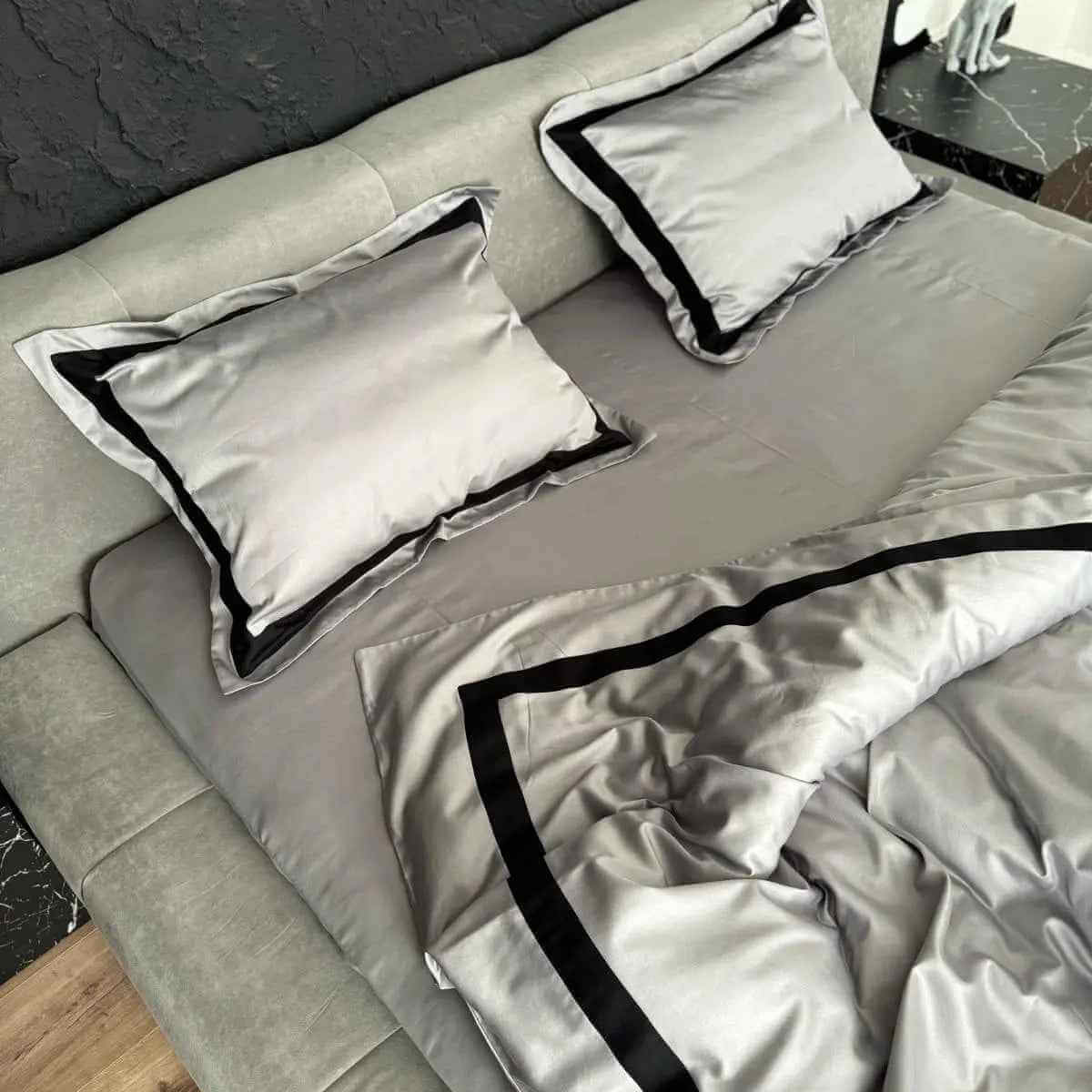 Pościel z Merceryzowanej Satyny –Silver Szary & Czarny, 100% Bawełna Turecka, 140 g/m², Edycja Exclusive