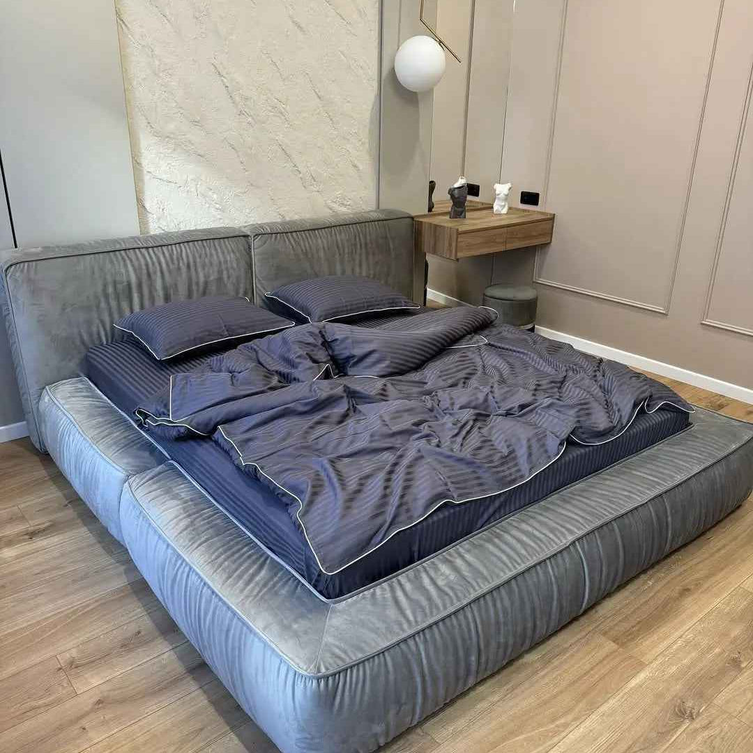 Pościel z Merceryzowanej Satyny – Jasny Grafit z Białą Lamówką, 100% Bawełna Turecka, 140 g/m², Kolekcja Premium