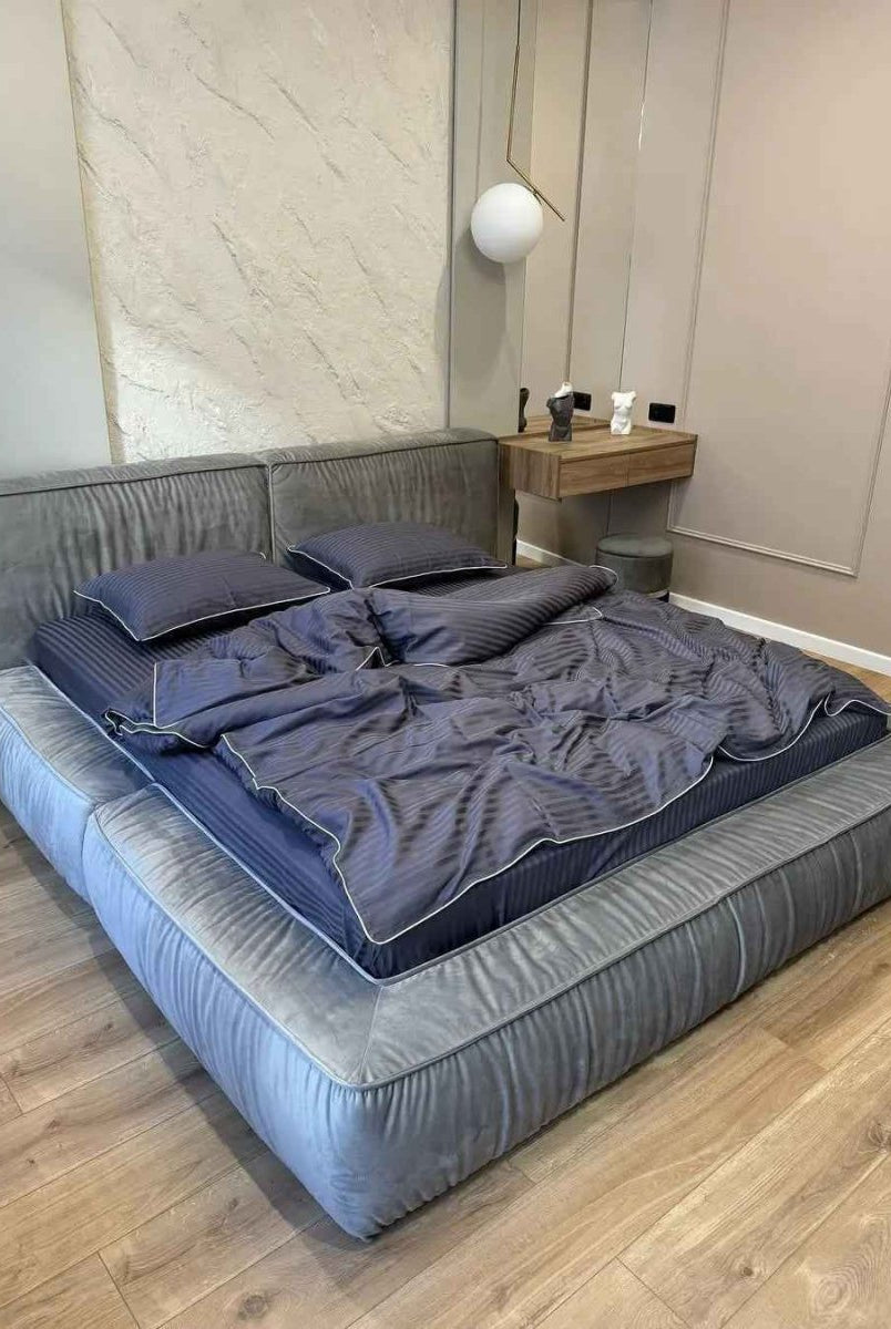 Pościel z Merceryzowanej Satyny – Jasny Grafit z Białą Lamówką, 100% Bawełna Turecka, 140 g/m², Kolekcja Premium