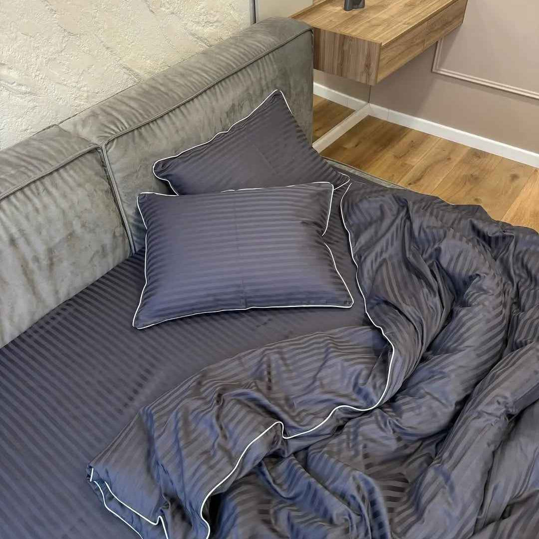 Pościel z Merceryzowanej Satyny – Jasny Grafit z Białą Lamówką, 100% Bawełna Turecka, 140 g/m², Kolekcja Premium