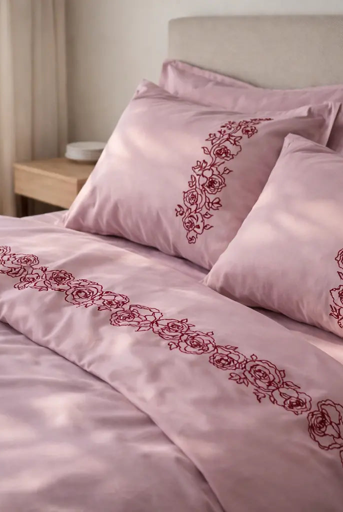 Pościel satynowa haftowana z merceryzowanej bawełny tureckiej 140 g/m² – różowa z bordowym haftem piwonii | Kolekcja Haftowana Wivanco Bedding