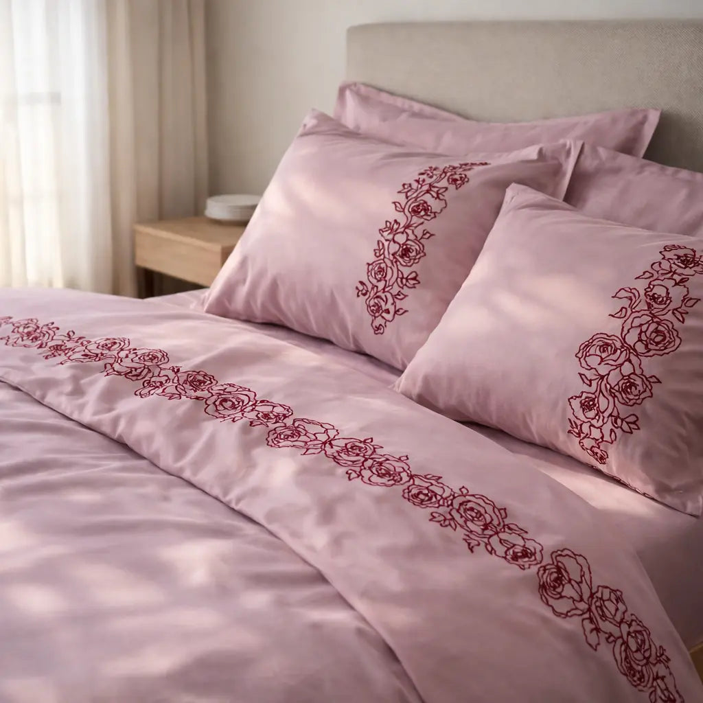 Pościel satynowa haftowana z merceryzowanej bawełny tureckiej 140 g/m² – różowa z bordowym haftem piwonii | Kolekcja Haftowana Wivanco Bedding