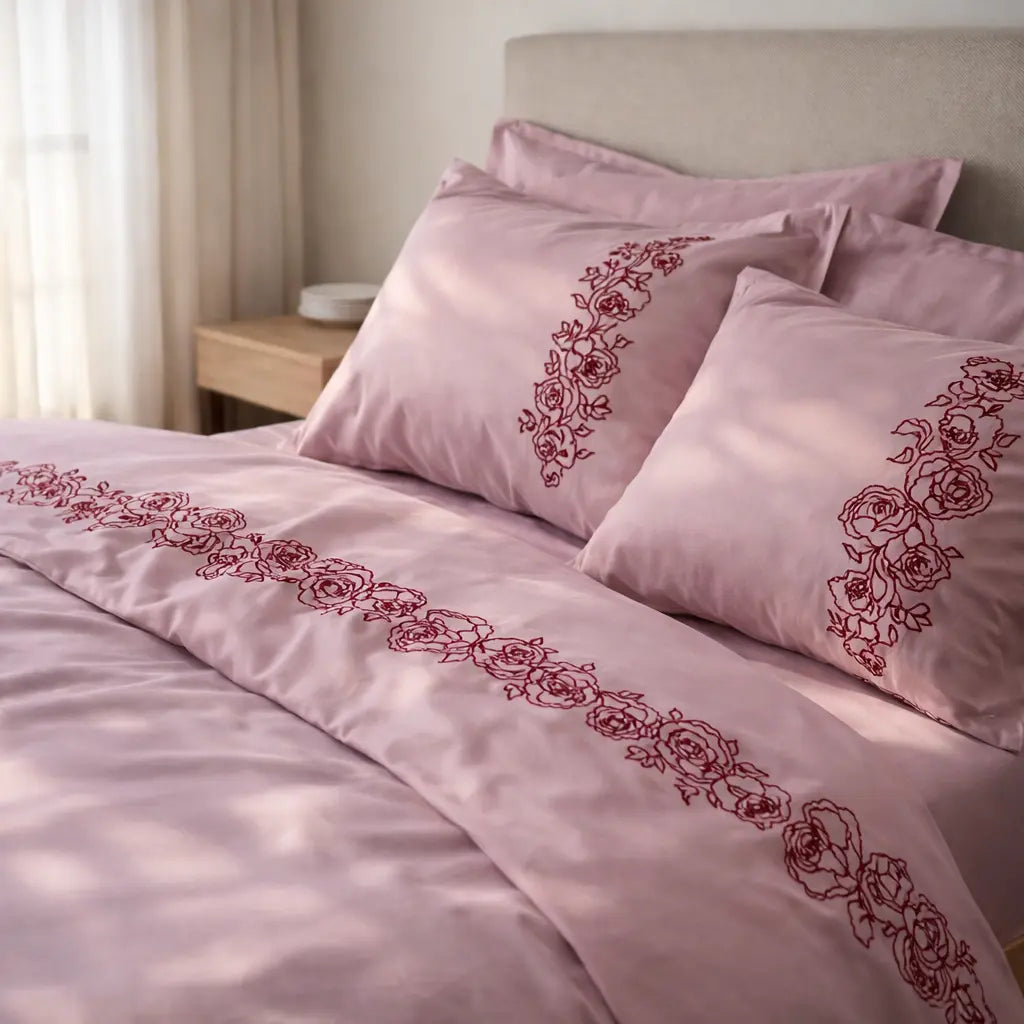 Pościel satynowa haftowana z merceryzowanej bawełny tureckiej 140 g/m² – różowa z bordowym haftem piwonii | Kolekcja Haftowana Wivanco Bedding