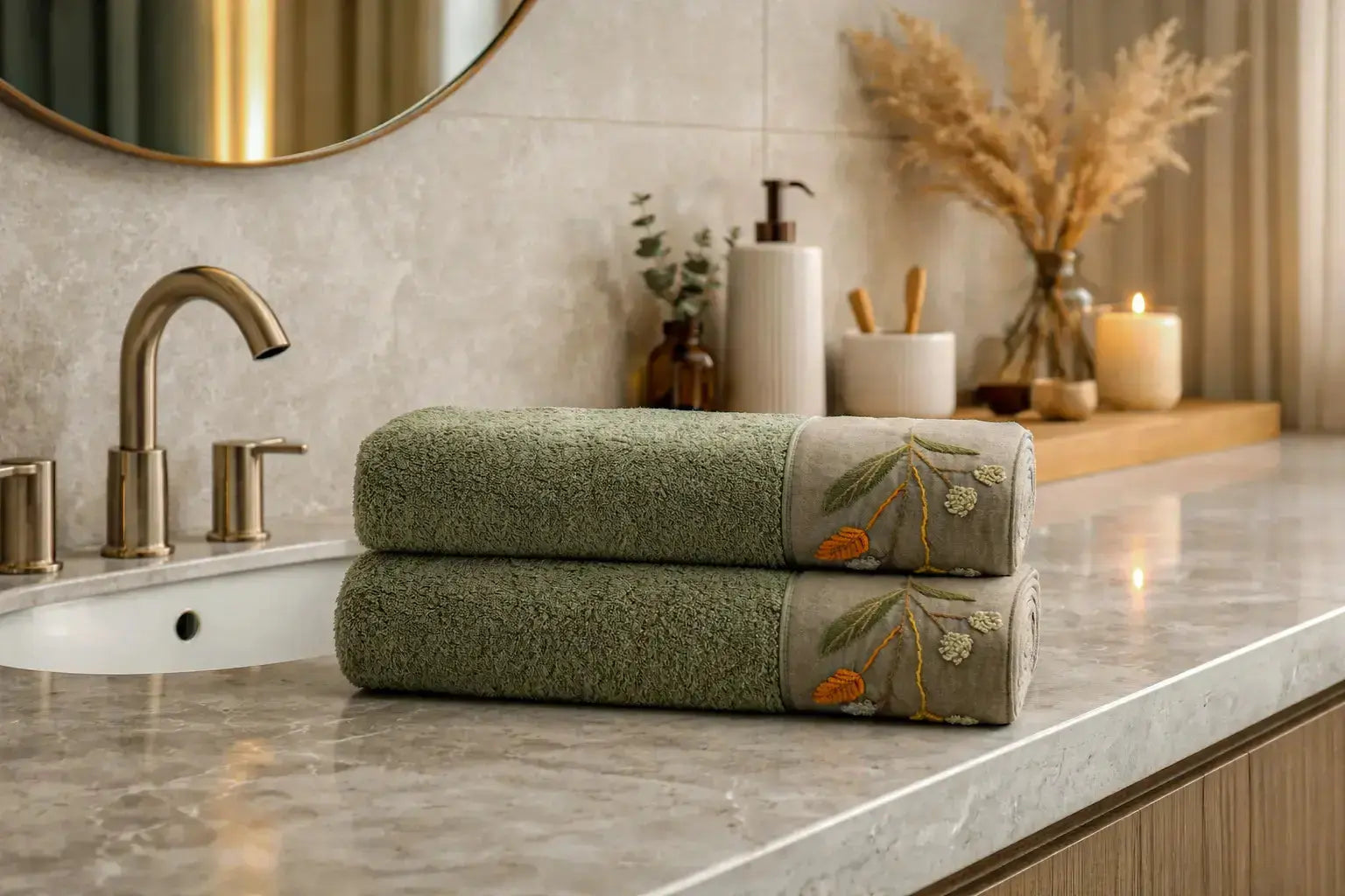 Zestaw 2 Ręczników Kąpielowych – Farah – Damski, 100% Organiczna Bawełna, Ręcznie Haftowany, Zielony Wivanco Bedding