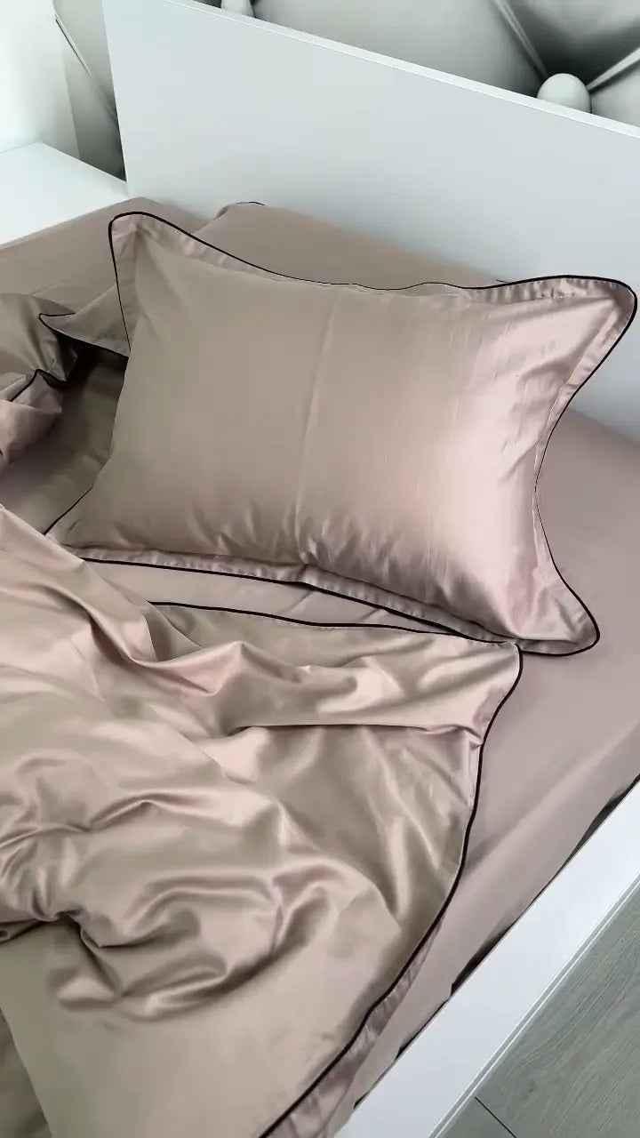 Pościel z Merceryzowanej Satyny – Cappuccino z Czarną Lamówką, 100% Bawełna Turecka, 140 g/m², Kolekcja Premium