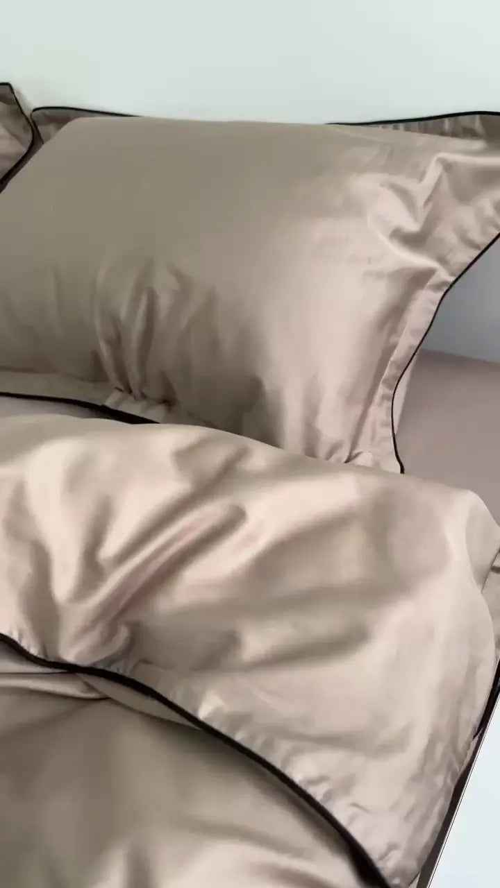 Pościel z Merceryzowanej Satyny – Cappuccino z Czarną Lamówką, 100% Bawełna Turecka, 140 g/m², Kolekcja Premium