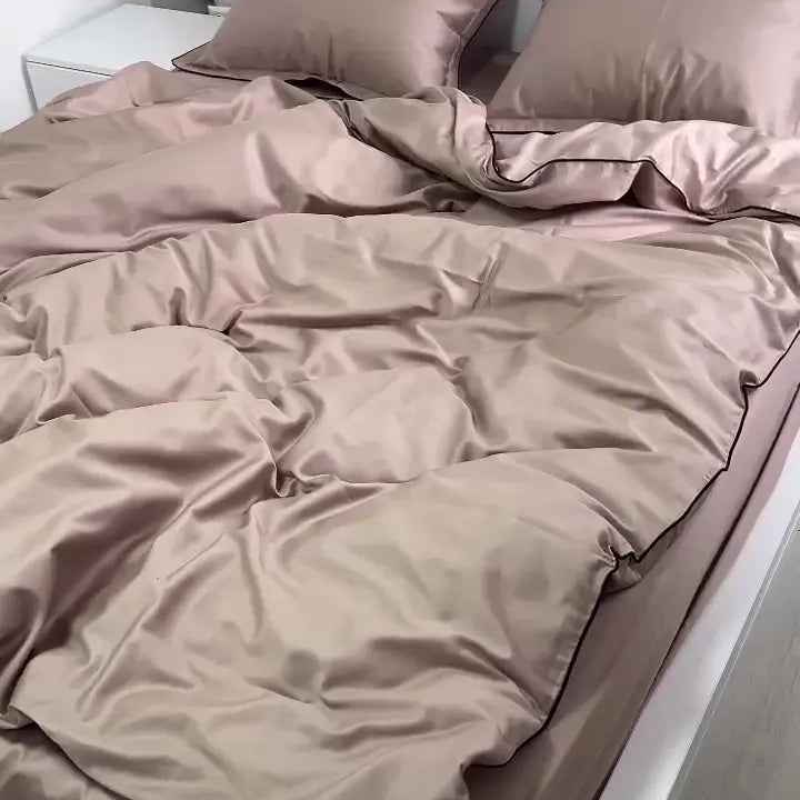 Pościel z Merceryzowanej Satyny – Cappuccino z Czarną Lamówką, 100% Bawełna Turecka, 140 g/m², Kolekcja Premium