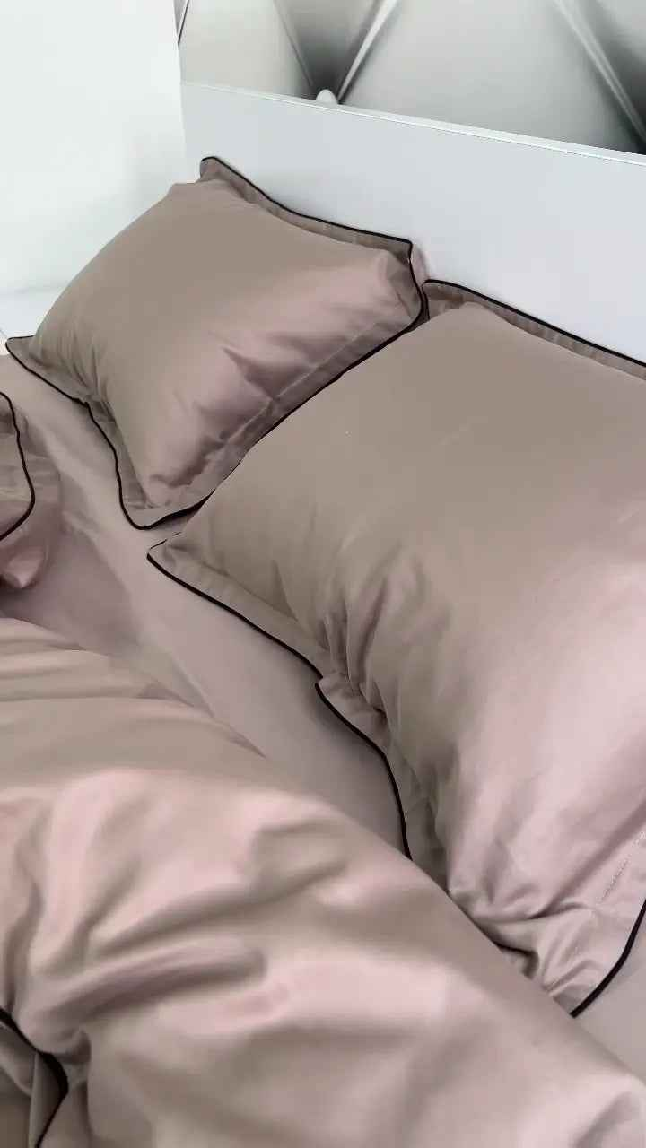 Pościel z Merceryzowanej Satyny – Cappuccino z Czarną Lamówką, 100% Bawełna Turecka, 140 g/m², Kolekcja Premium