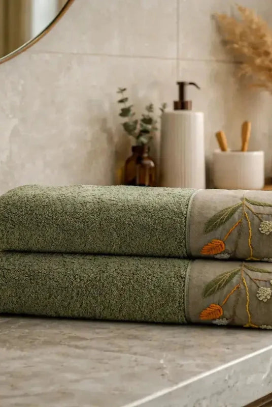 Zestaw 2 Ręczników Kąpielowych – Farah – Damski, 100% Organiczna Bawełna, Ręcznie Haftowany, Zielony Wivanco Bedding
