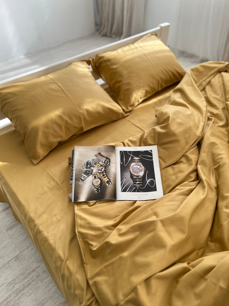 luksusowa pościel satynowa​Pościel Satynowa Musztardowa – 100% Bawełna Turecka, 140g, Luksus Hotelowy - Wivanco Bedding