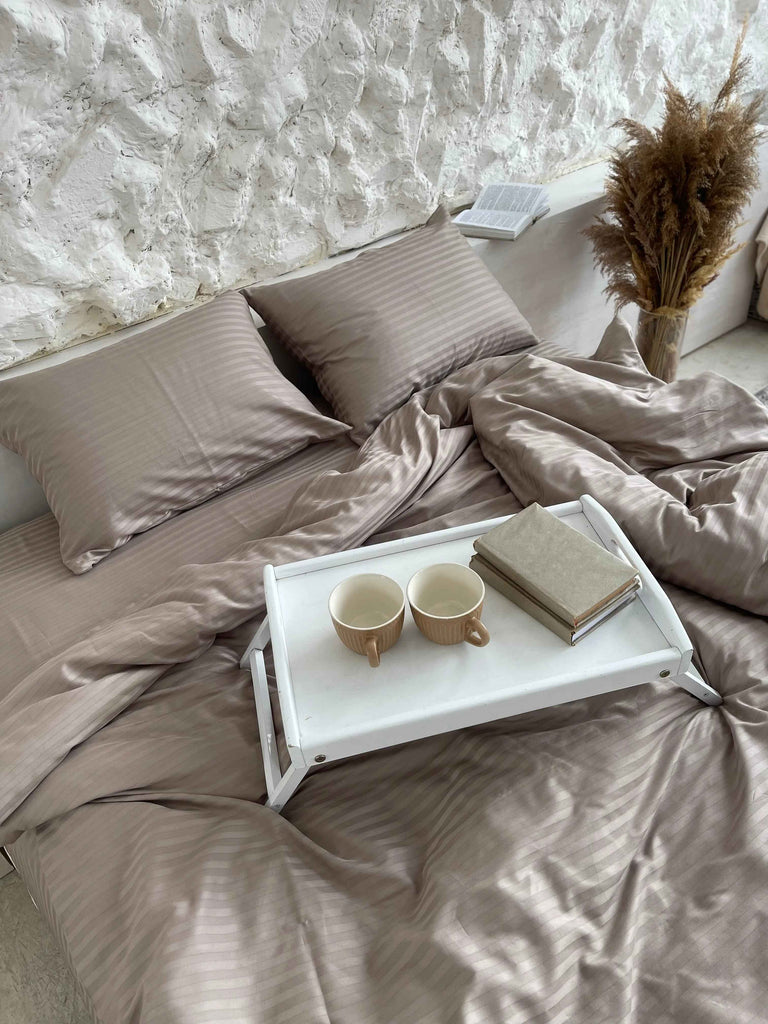 Pościel Satynowa w Paski – Taupe , 100% Bawełna Turecka, 140g, Luksus Hotelowy
