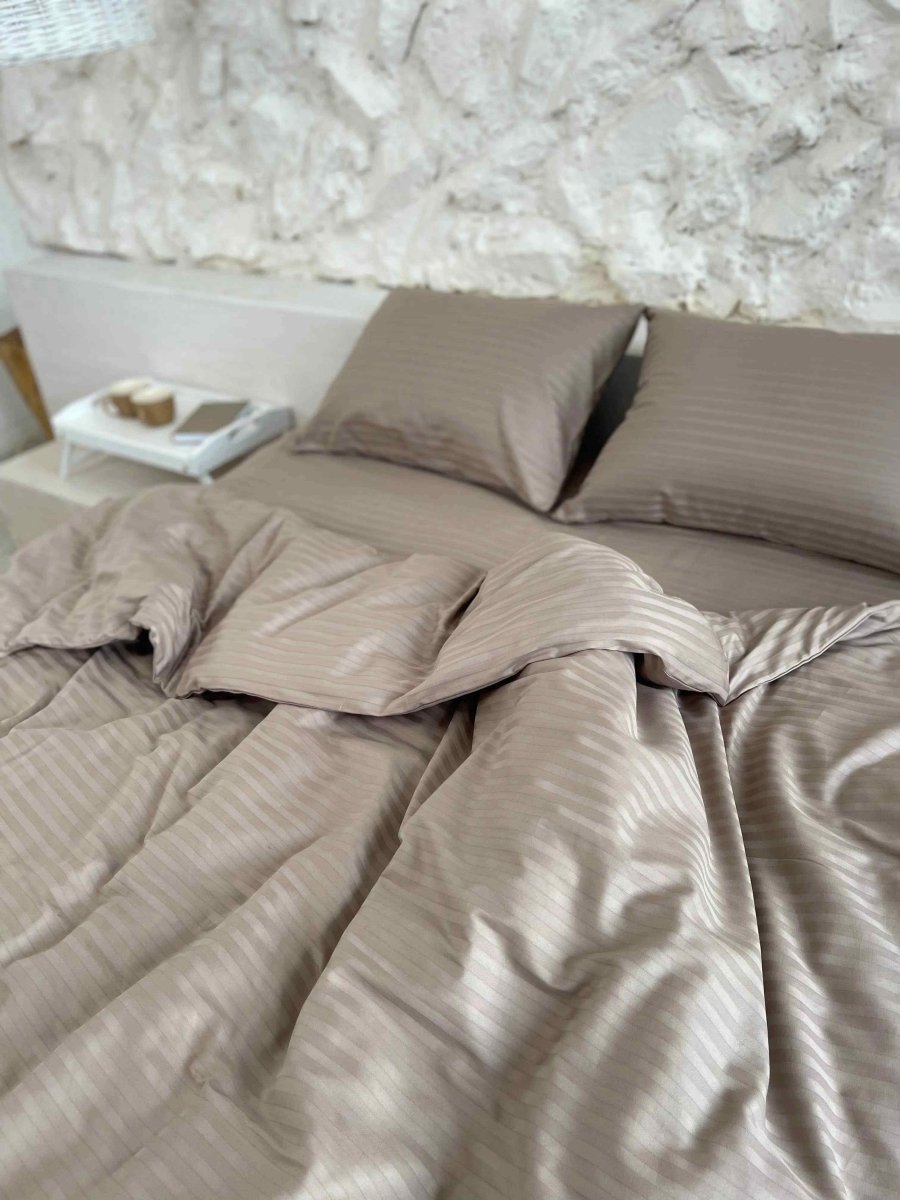 Pościel Satynowa w Paski – Taupe , 100% Bawełna Turecka, 140g, Luksus Hotelowy