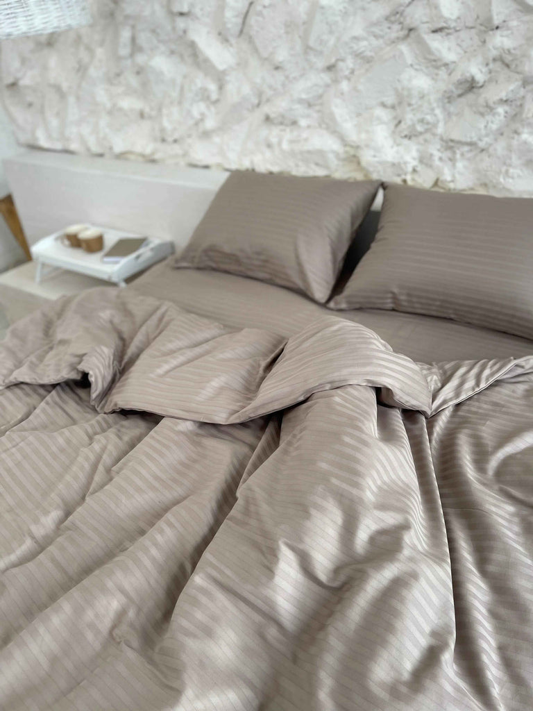 Pościel Satynowa w Paski – Taupe , 100% Bawełna Turecka, 140g, Luksus Hotelowy
