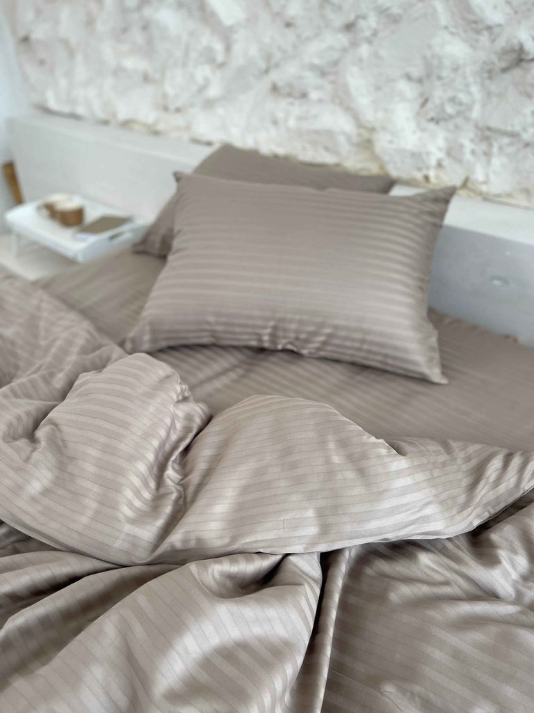 Pościel Satynowa w Paski – Taupe , 100% Bawełna Turecka, 140g, Luksus Hotelowy