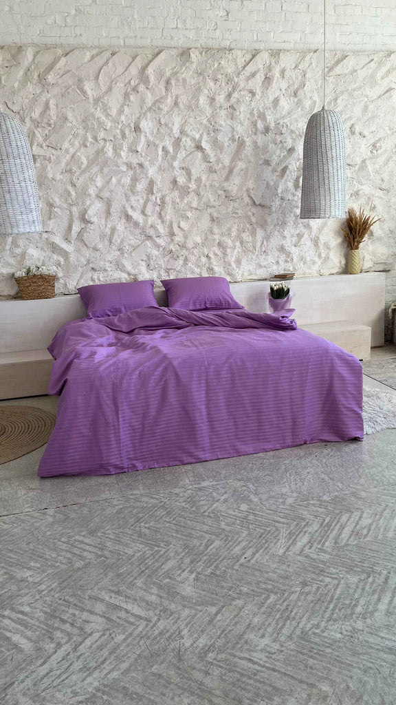 Pościel Satynowa w Paski – Fioletowa, 100% Bawełna Turecka, 140g, Luksus Hotelowy