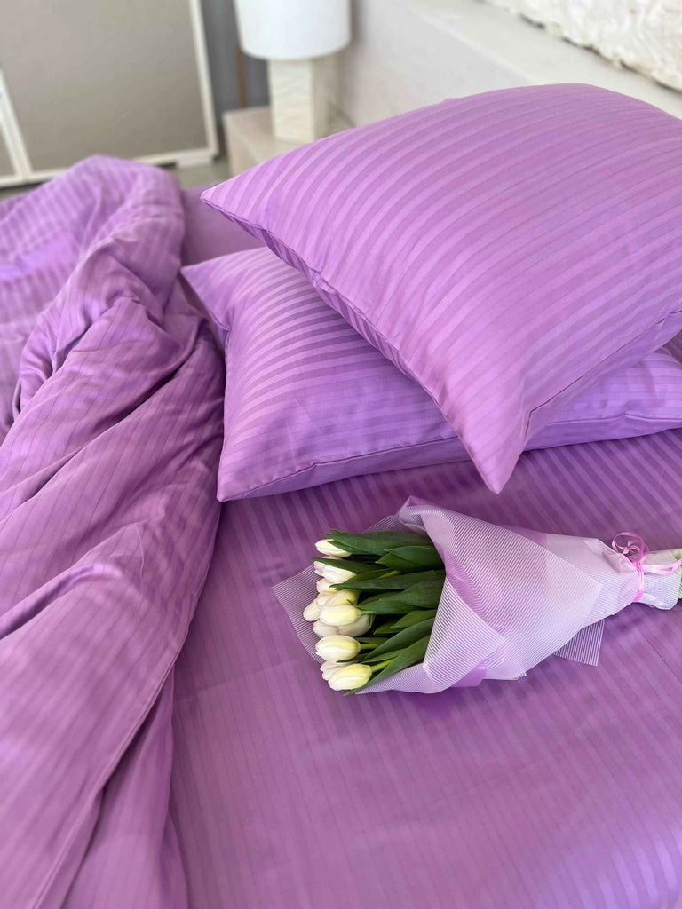 Pościel Satynowa w Paski – Fioletowa, 100% Bawełna Turecka, 140g, Luksus Hotelowy