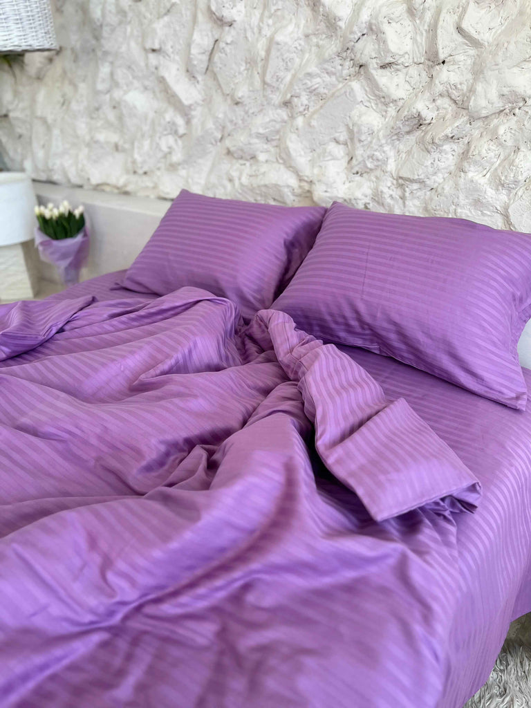 Pościel Satynowa w Paski – Fioletowa, 100% Bawełna Turecka, 140g, Luksus Hotelowy
