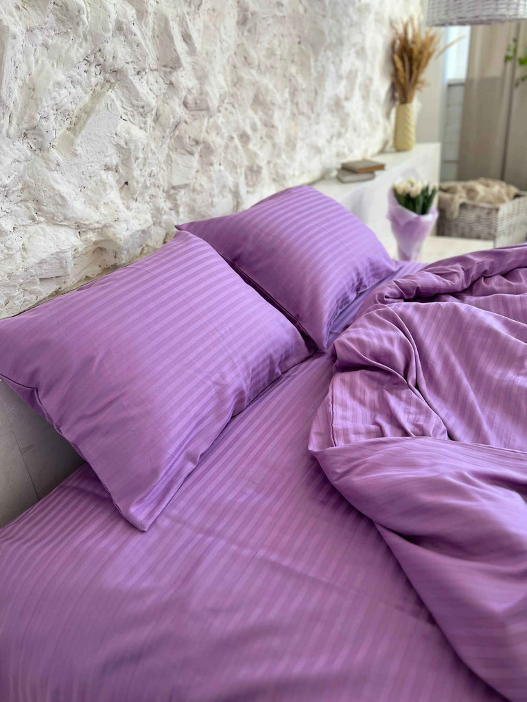 Pościel Satynowa w Paski – Fioletowa, 100% Bawełna Turecka, 140g, Luksus Hotelowy