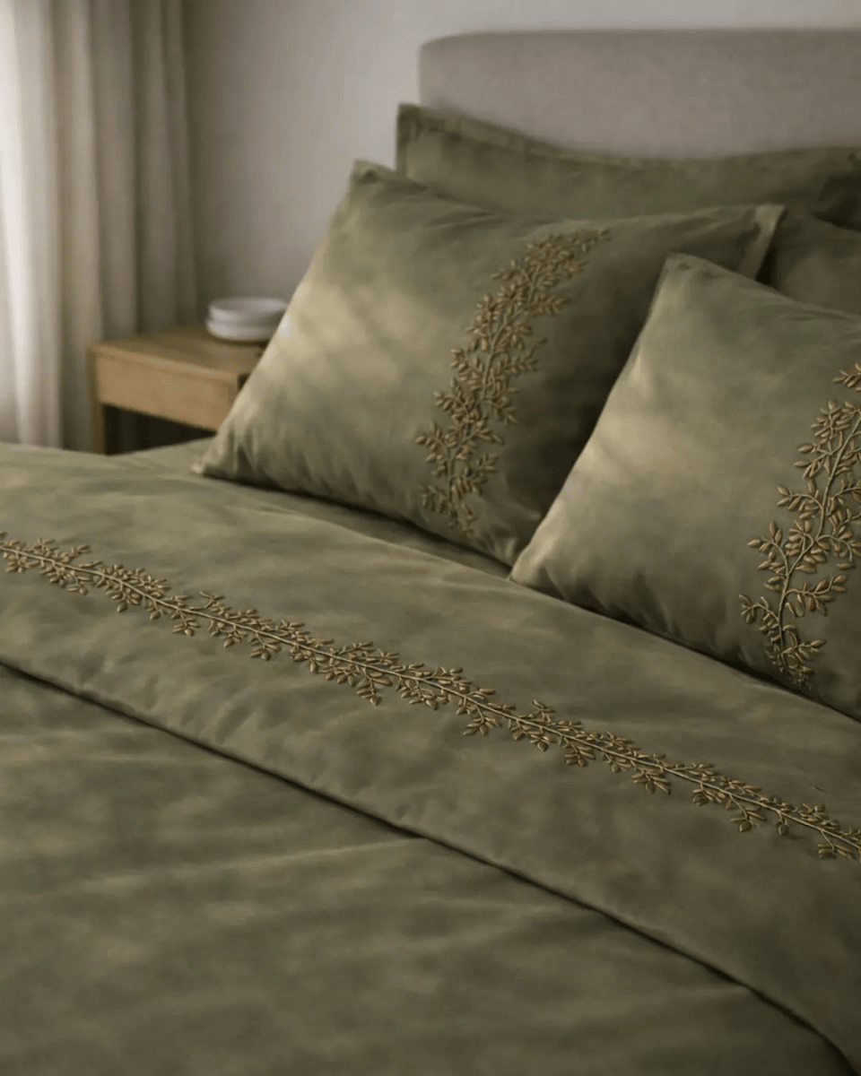 Pościel satynowa haftowana z merceryzowanej bawełny tureckiej 140 g/m² – oliwkowa z haftem gałązek | Kolekcja Haftowana Wivanco Bedding