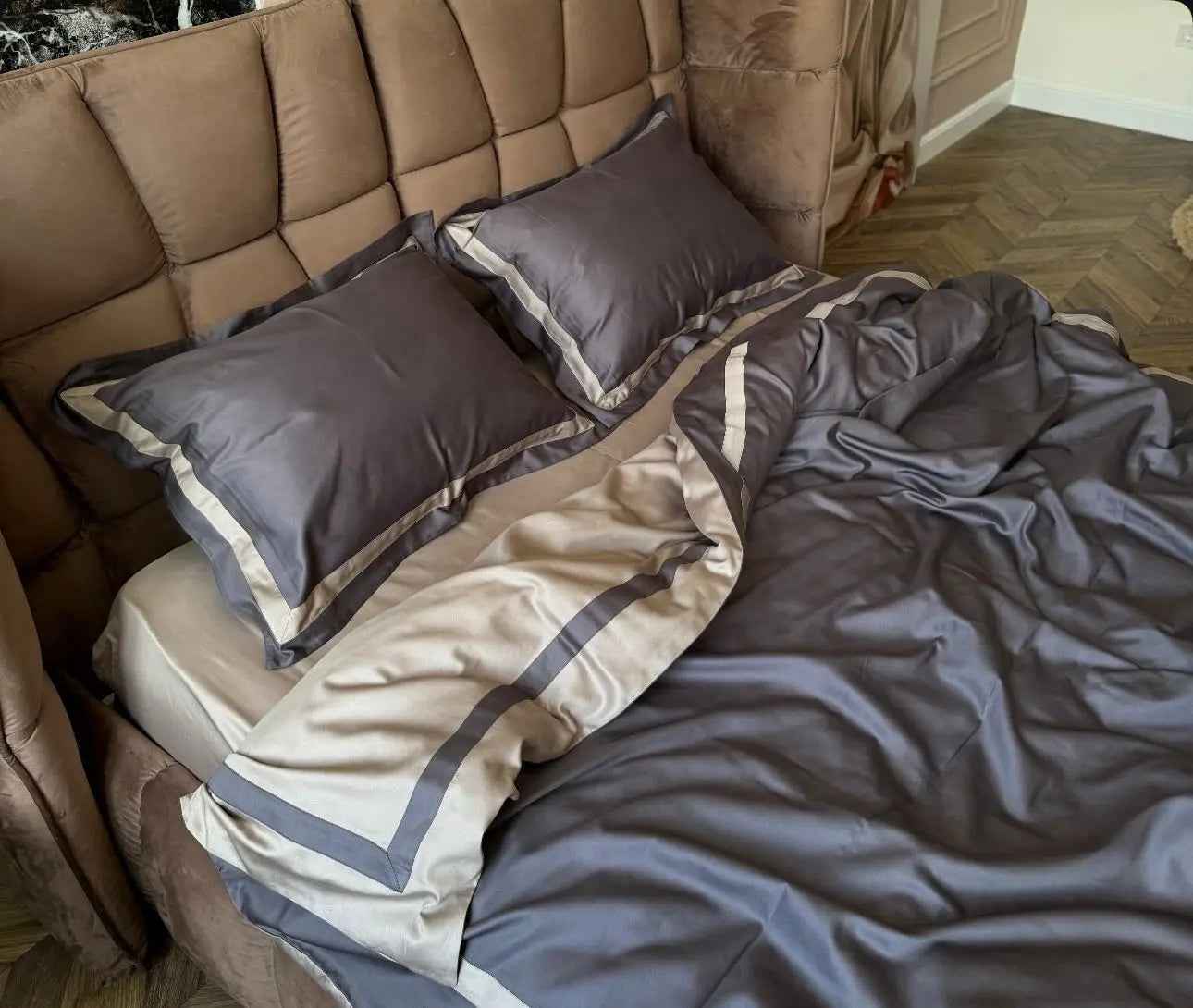 Pościel z Merceryzowanej Satyny – Srebrno-Niebieski & Szampański, 100% Bawełna Turecka, 140 g/m², Edycja Exclusive