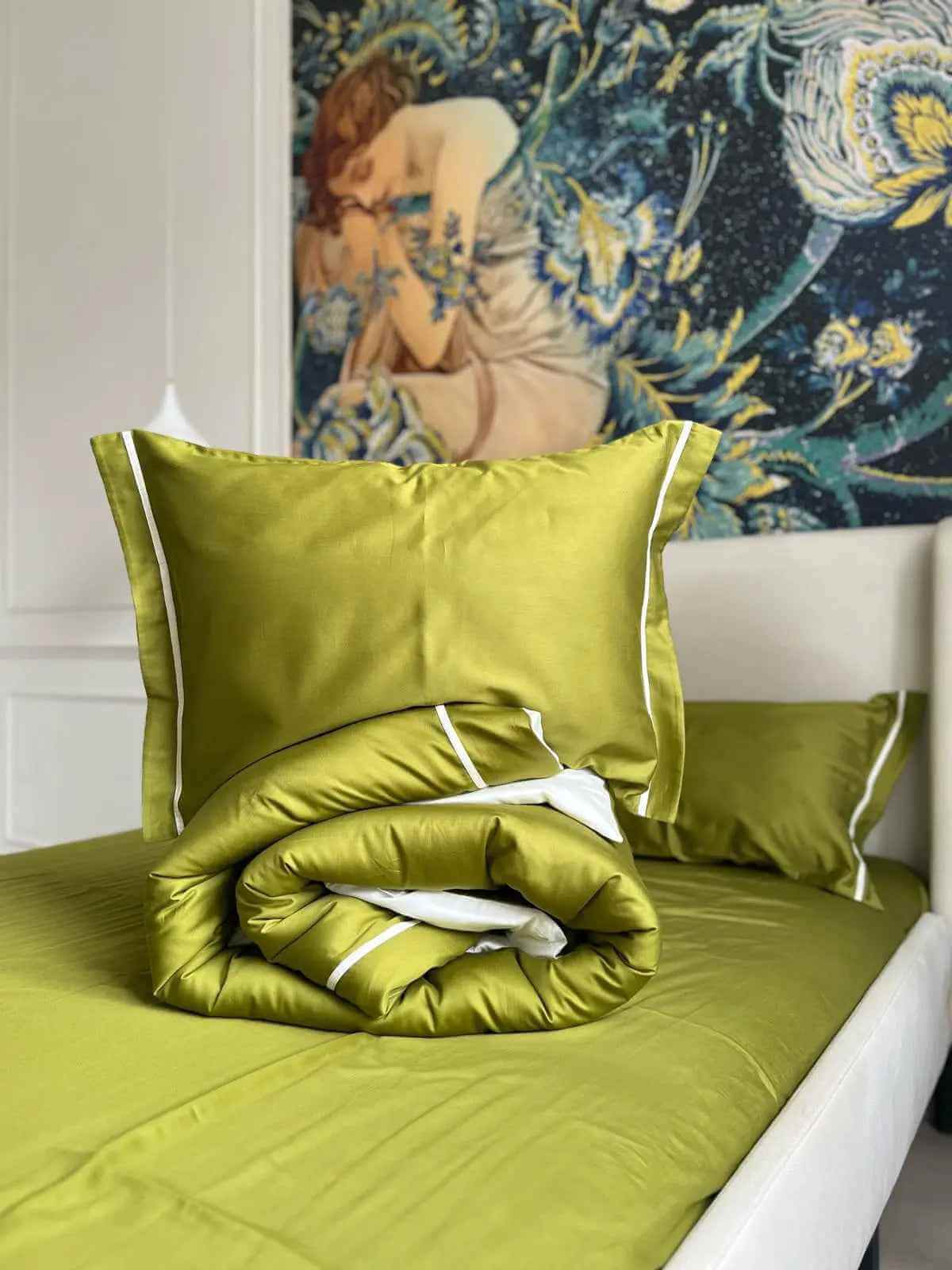 Pościel z Merceryzowanej Satyny – Oliwkowy & Biały, 100% Bawełna Turecka, 140 g/m², Edycja Exclusive