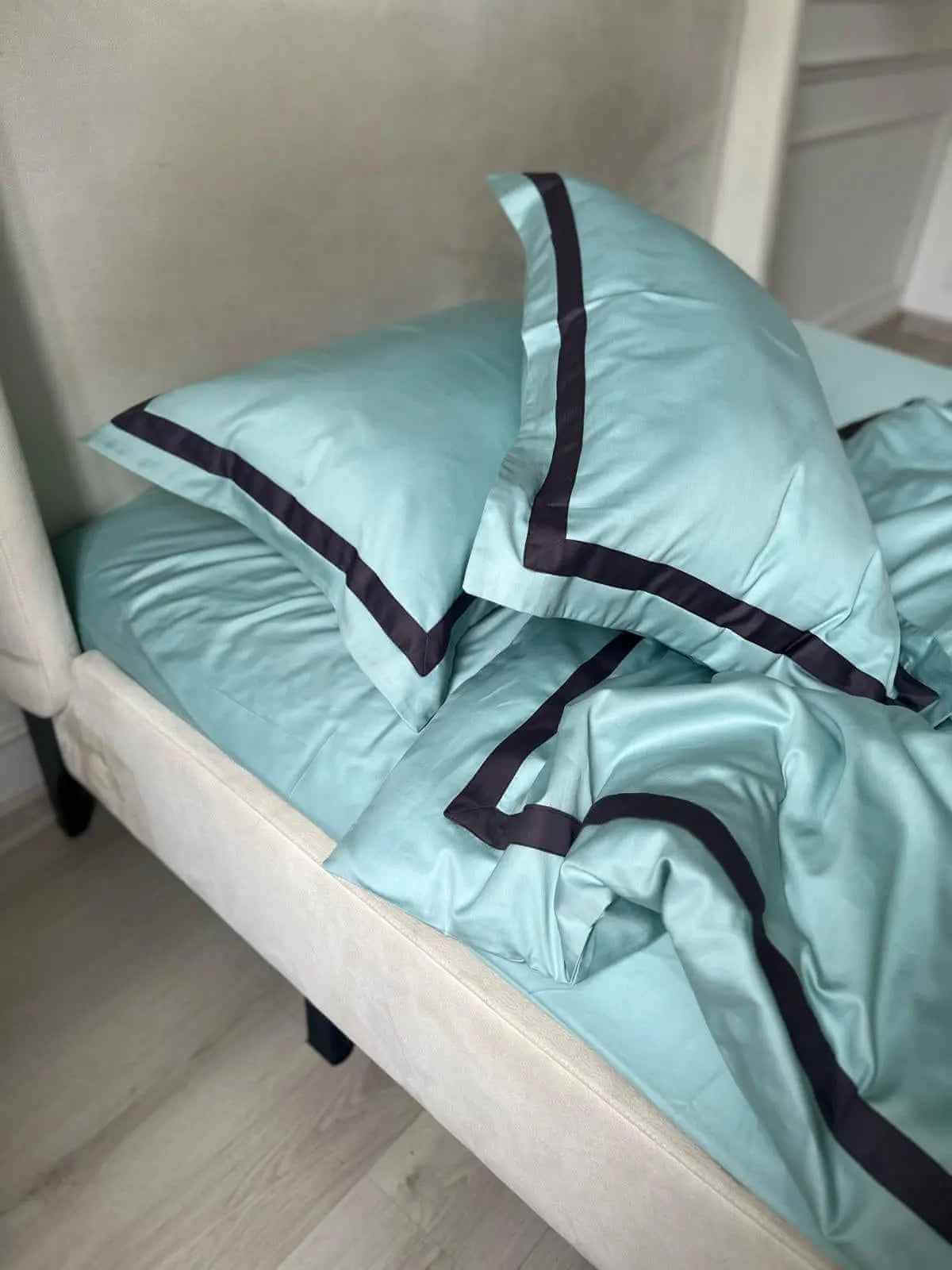 Pościel z Merceryzowanej Satyny –Turkusowy Niebieski & Czarny, 100% Bawełna Turecka, 140 g/m², Edycja Exclusive