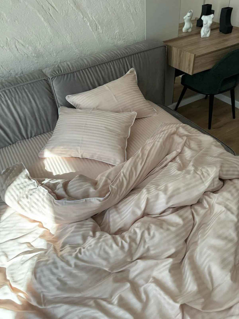 Pościel z Merceryzowanej Satyny – Nude w Paski z Białą Lamówką, 100% Bawełna Turecka, 140 g/m², Kolekcja Premium