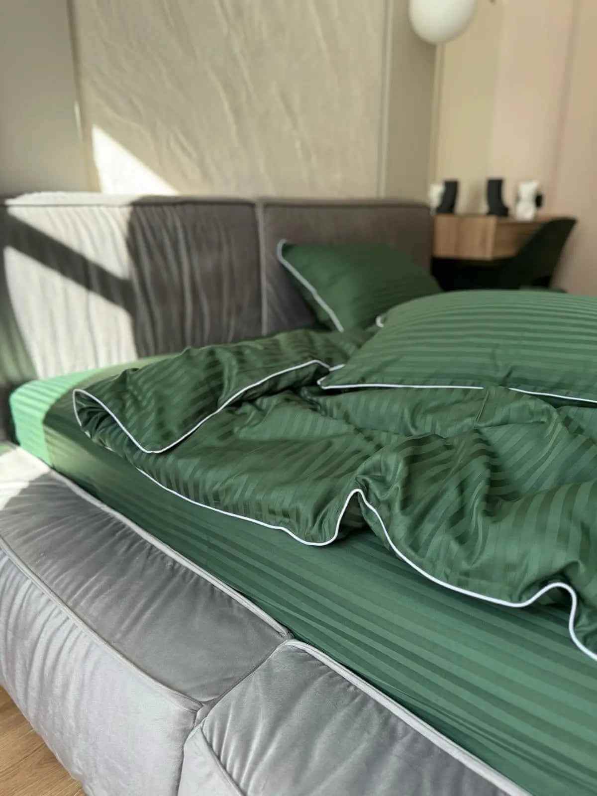 Pościel z Merceryzowanej Satyny – Zielony w Paski z Białą Lamówką , 100% Bawełna Turecka, 140 g/m², Kolekcja Premium