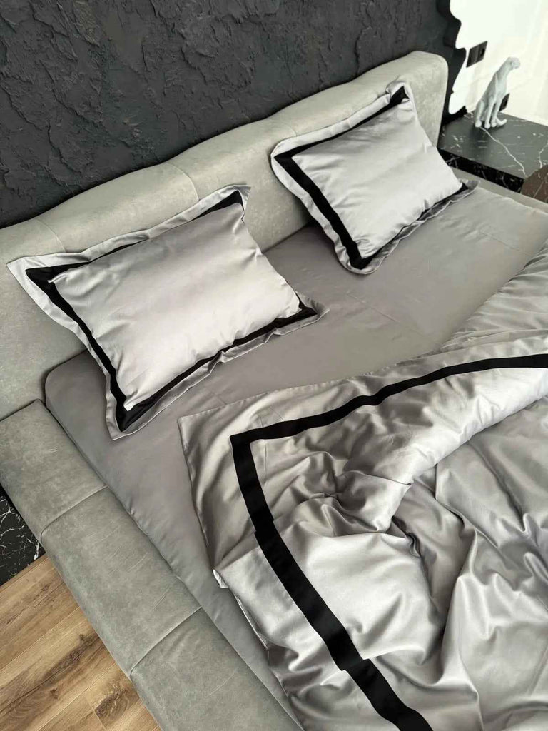 Pościel z Merceryzowanej Satyny –Silver Szary & Czarny, 100% Bawełna Turecka, 140 g/m², Edycja Exclusive