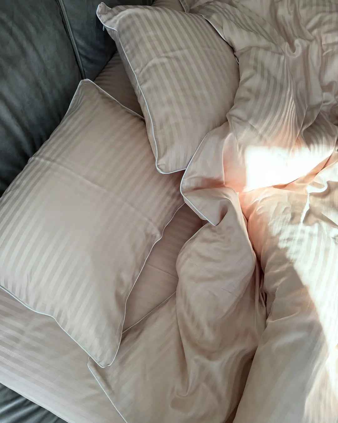 Pościel z Merceryzowanej Satyny – Nude w Paski z Białą Lamówką, 100% Bawełna Turecka, 140 g/m², Kolekcja Premium