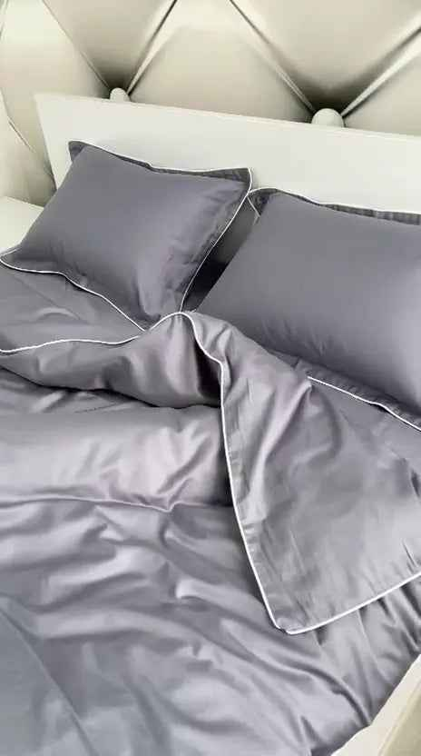Pościel z Merceryzowanej Satyny – Srebrnoszary z Białą Lamówką, 100% Bawełna Turecka, 140 g/m², Edycja Exclusive